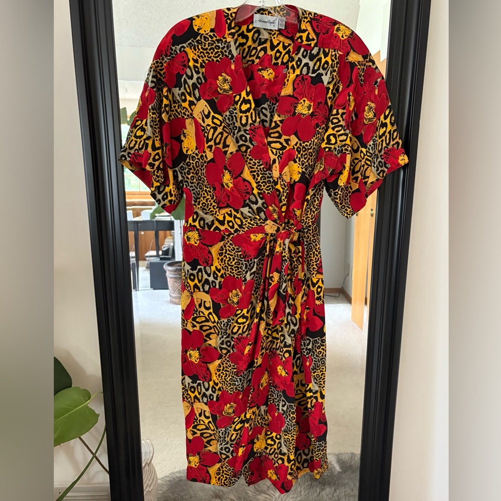 Vintage 80’s ADRIANNA PAPELL Red Leopard Print Wrap Dress